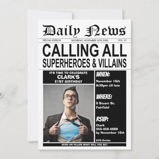 Superhelden oder Villains Geburtstagsparty Superhe Einladung (Vorderseite)