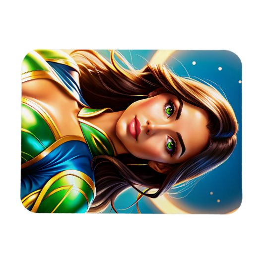 Superheldenporträt von Frauen in smaragdgrünen und Magnet (Horizontal)