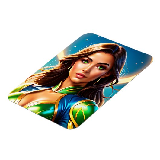 Superheldenporträt von Frauen in smaragdgrünen und Magnet (Linke Seite)