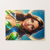 Superheldenporträt von Frauen in smaragdgrünen und Puzzle (Horizontal)