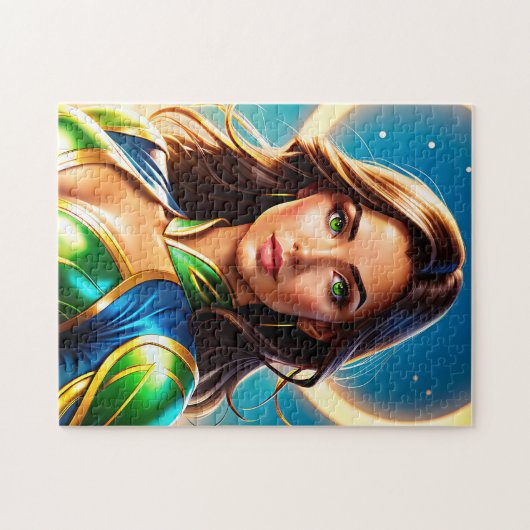 Superheldenporträt von Frauen in smaragdgrünen und Puzzle (Horizontal)