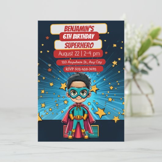 Superhero Adventure wartet auf Party Einladung (Stehend Vorderseite)