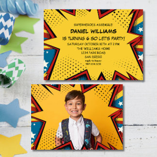 Superhero Assemble Pop Art Birthday Boys Einladung
