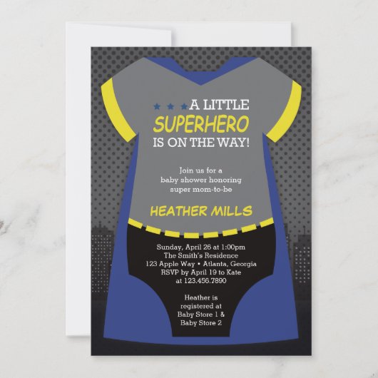 Superhero Baby Dusche Einladung, blau, schwarz Inv Einladung (Vorderseite)
