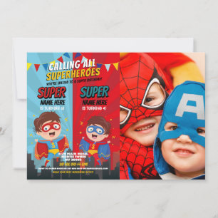 Superhero Birthday Brothers Blue Red Foto Boy Einladung