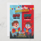 Superhero Birthday Brothers Blue Red Joint Boy Einladung (Vorderseite)