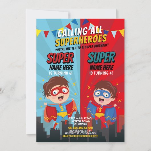 Superhero Birthday Brothers Blue Red Joint Boy Einladung (Vorderseite)