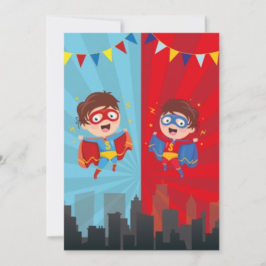 Superhero Birthday Brothers Blue Red Joint Boy Einladung (Rückseite)