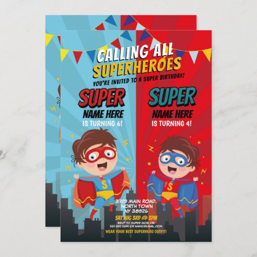 Superhero Birthday Brothers Blue Red Joint Boy Einladung (Vorne/Hinten)
