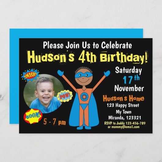 Superhero Birthday Einladung (Vorne/Hinten)