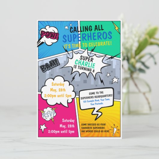 Superhero Birthday Einladung Comic Style (Stehend Vorderseite)