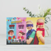Superhero Birthday Foto Pink Blue Joint Boy Girl Einladung (Stehend Vorderseite)