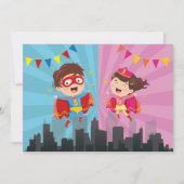 Superhero Birthday Foto Pink Blue Joint Boy Girl Einladung (Rückseite)