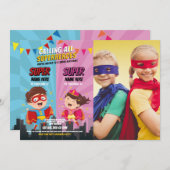 Superhero Birthday Foto Pink Blue Joint Boy Girl Einladung (Vorne/Hinten)