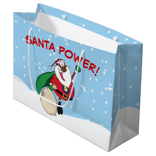 Superhero Black Santa Power Geschenktasche Große Geschenktüte (Vorderseite Schrägansicht)