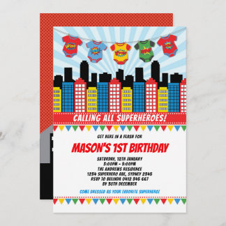 Superhero Boy 1. Geburtstag Cityscape Comic Party Einladung