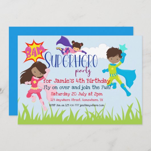 Superhero Boy/Girl Birthday Party Einladung (Vorne/Hinten)