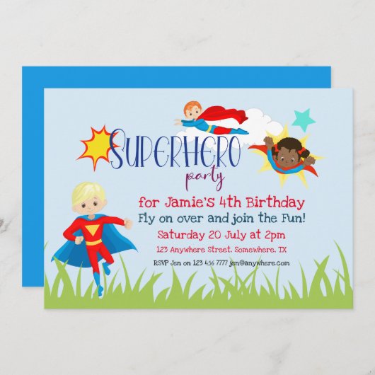 Superhero Boy/Girl Birthday Party Einladung (Vorne/Hinten)