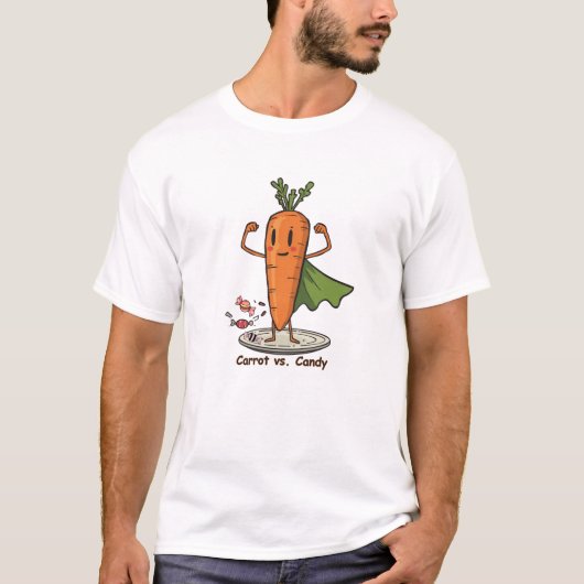 Superhero Carrot Vs Candy Fun T-Shirt (Vorderseite)