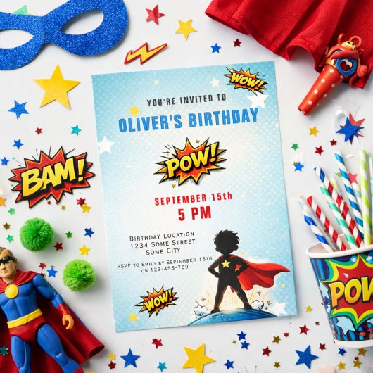 Superhero Cartoon Boy Birthday Party Einladung