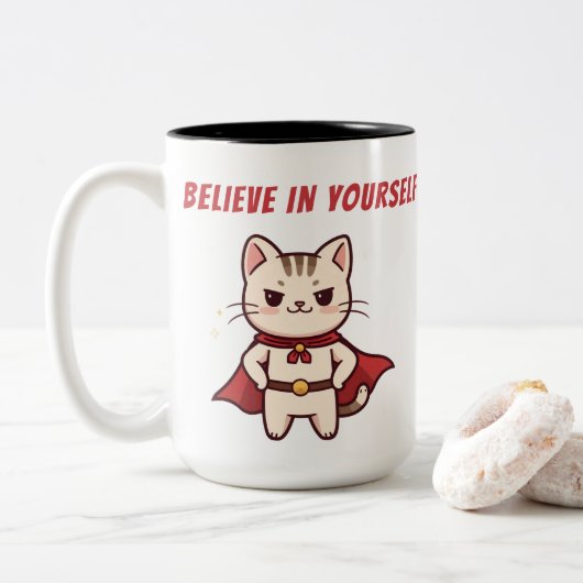 Superhero Cat Believe in Yourself Zweifarbige Tasse (Mit Donut)