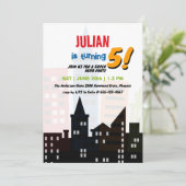 Superhero City Gebäude Themenabend Kindergeburtsta Einladung (Stehend Vorderseite)