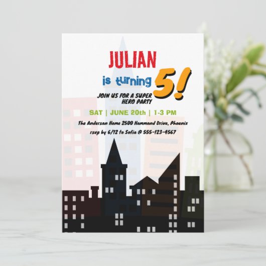 Superhero City Gebäude Themenabend Kindergeburtsta Einladung (Stehend Vorderseite)