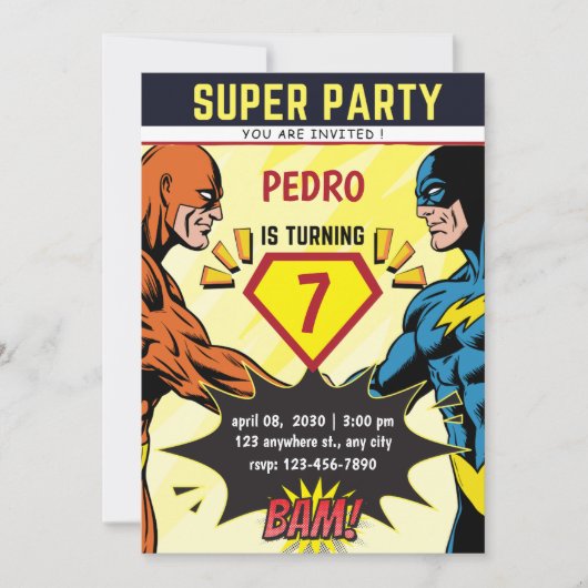 Superhero Comic Book Birthday Party Invitation Einladung (Vorderseite)