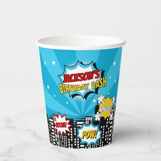 Superhero Comic Book Style Boy Birthday Blue Pappbecher (Rückseite)