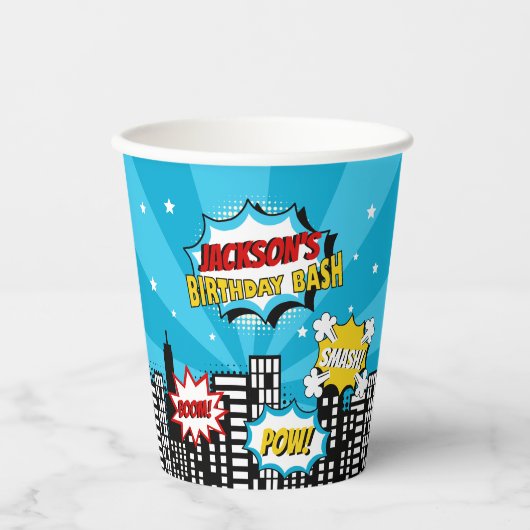 Superhero Comic Book Style Boy Birthday Blue Pappbecher (Vorderseite)