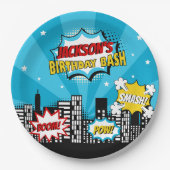 Superhero Comic Book Style Boy Birthday Blue Pappteller (Vorderseite)