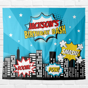 Superhero Comic Book Style Boy Birthday Blue Wandteppich