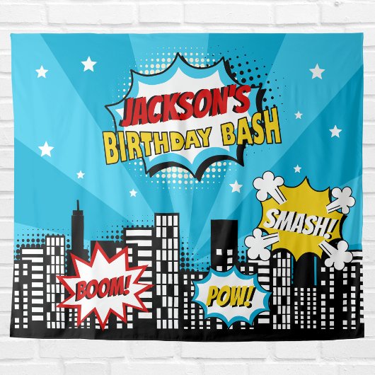 Superhero Comic Book Style Boy Birthday Blue Wandteppich