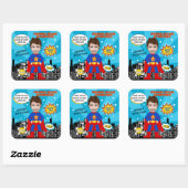 Superhero Comic Book Style Boy Birthday Foto Quadratischer Aufkleber (Blatt)