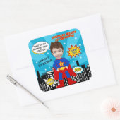Superhero Comic Book Style Boy Birthday Foto Quadratischer Aufkleber (Umschlag)