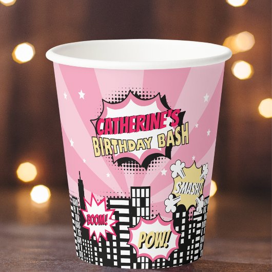 Superhero Comic Book Style Girl Birthday Pink Pappbecher