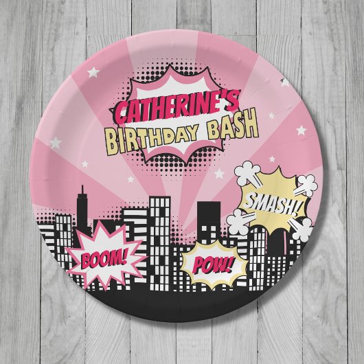 Superhero Comic Book Style Girl Birthday Pink Pappteller