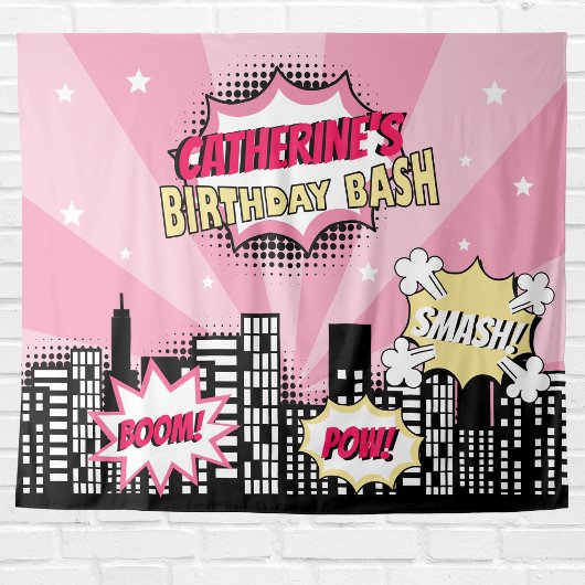 Superhero Comic Book Style Girl Birthday Pink Wandteppich