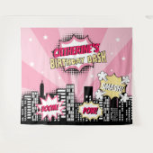 Superhero Comic Book Style Girl Birthday Pink Wandteppich (Vorderseite (Horizontal))