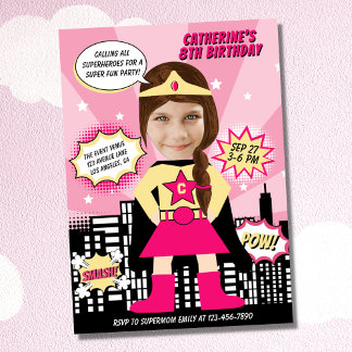 Superhero Comic Book Style Girl Geburtstags-Foto Einladung