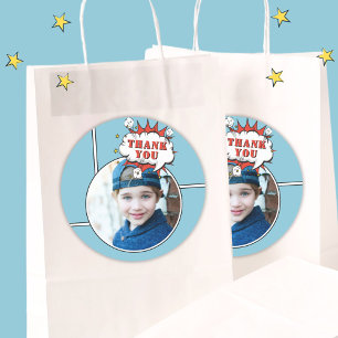 Superhero Comic Boy Birthday Foto Vielen Dank Runder Aufkleber