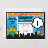 Superhero Comic Boy's 1. Geburtstagsparty Einladung (Vorderseite)