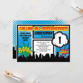 Superhero Comic Boy's 1. Geburtstagsparty Einladung