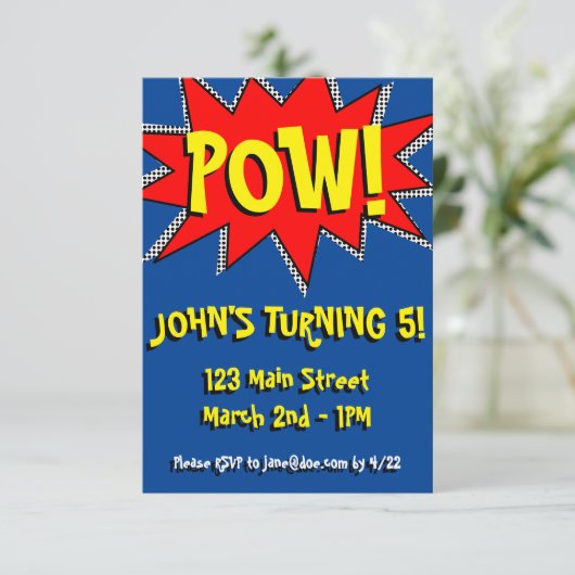 Superhero Comic Buch Thema Einladung Vorlage (Stehend Vorderseite)