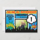 Superhero Comic Foto Boys 1. Geburtstag Party Einladung (Vorderseite)