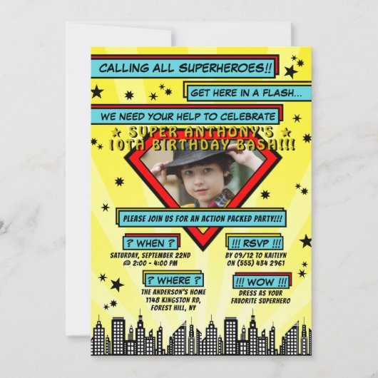 Superhero Comic Foto jedes Alters Einladungen zum  (Vorderseite)