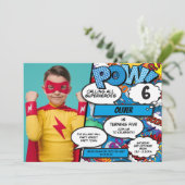 Superhero Comic Geburtstagsparty Blue Foto Invitat Einladung (Stehend Vorderseite)