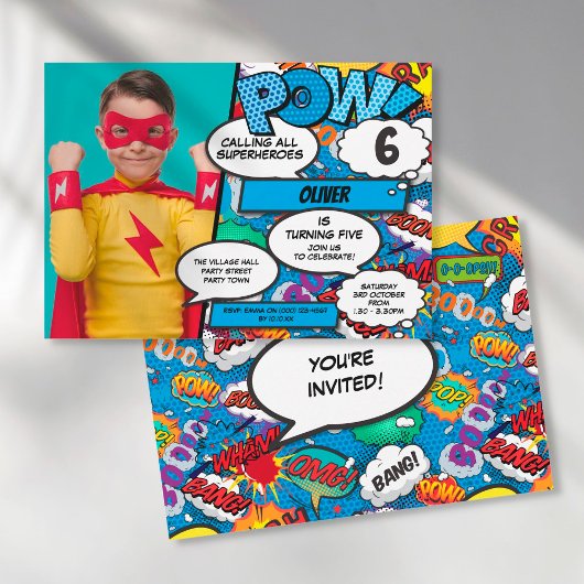 Superhero Comic Geburtstagsparty Blue Foto Invitat Einladung