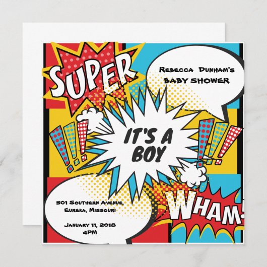 Superhero Comic Kinderdusche Einladung (Vorne/Hinten)