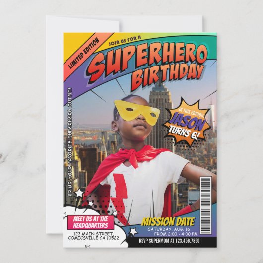 Superhero Comic Magazine Birthday Einladung (Vorderseite)